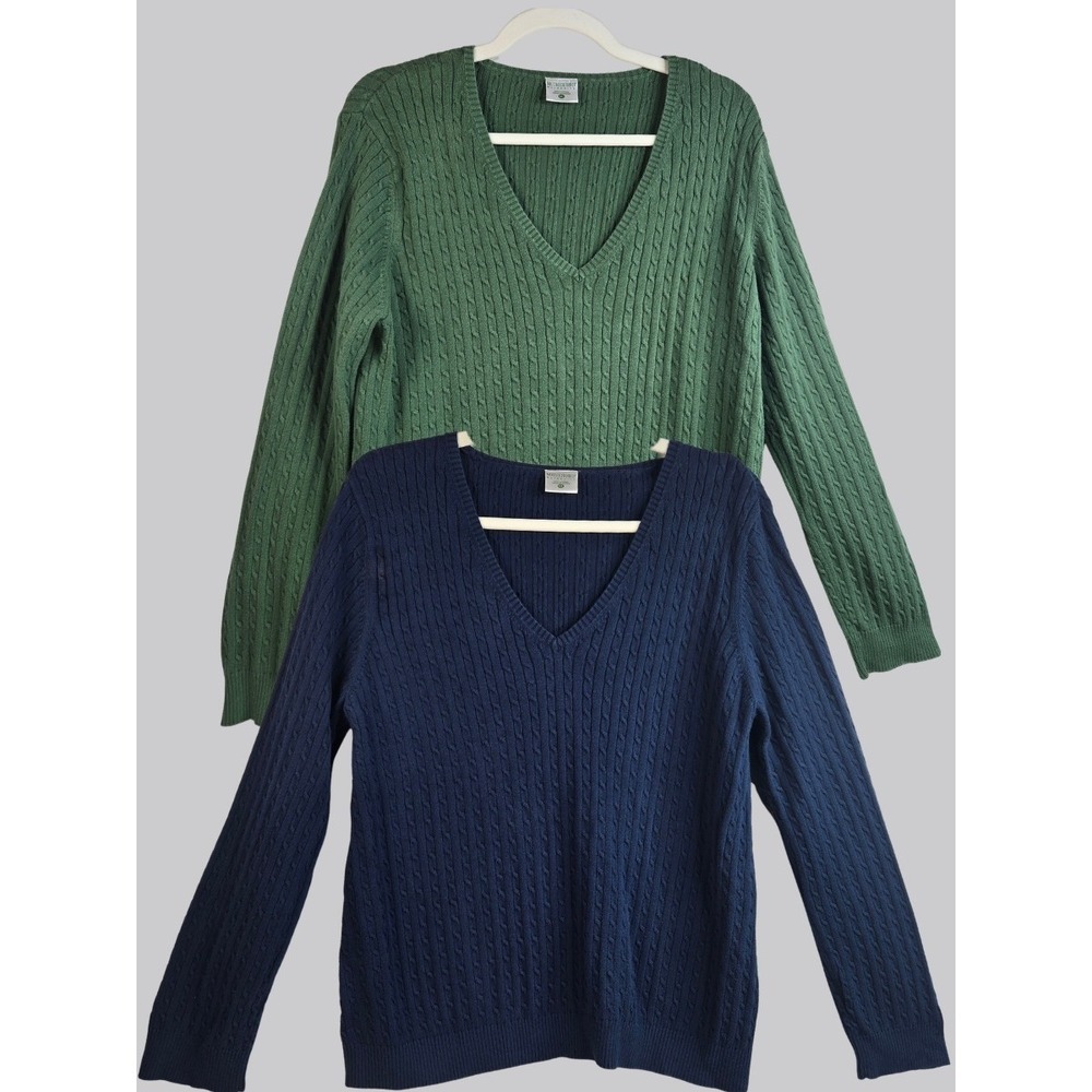 2 Motherhood Maternity Sweaters Sz XL Green Navy Cotton Cable Knit V-Neck Bundle